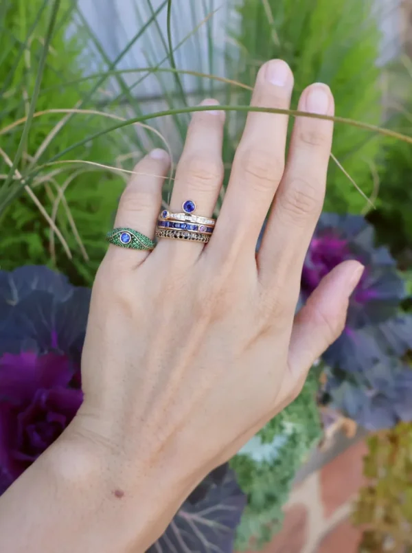 ita Acu Mini Pave Pinky Ring with Tsavorites and Blue Sapphire