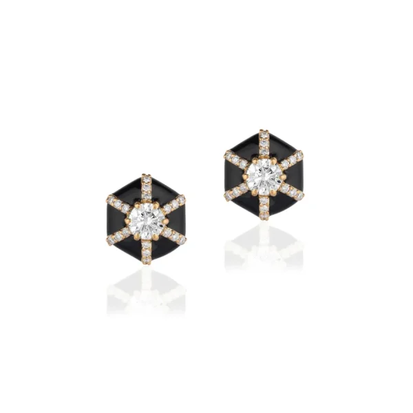 Goshwara Black Enamel and Diamond Hexagon "Queen" Stud