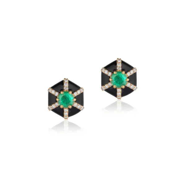 Goshwara Black Enamel and Emerald Hexagon "Queen" Stud