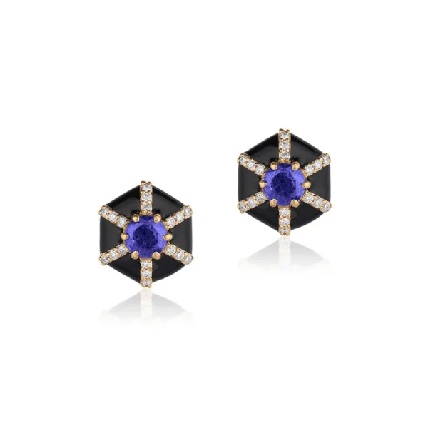 Goshwara Black Enamel and Tanzanite Hexagon "Queen" Stud