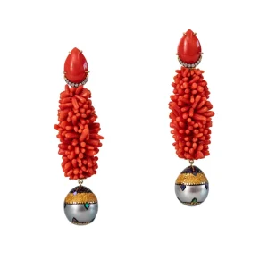 Silvia Furmanovich Coral Earrings with Micro Mosaic Grey Pearls