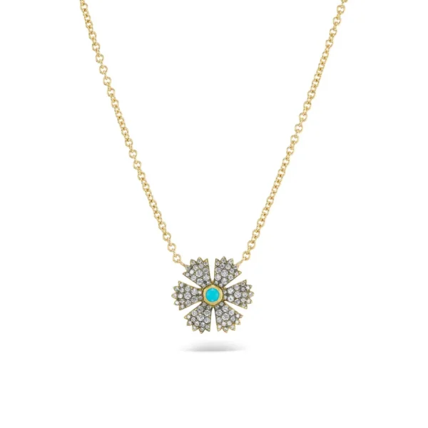 Sylva & Cie Mini Diamond Flower Pendant with Turquoise Center