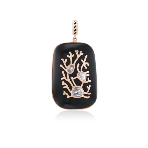 Dezso Onyx and Polki Diamond Pendant with Coral Motif