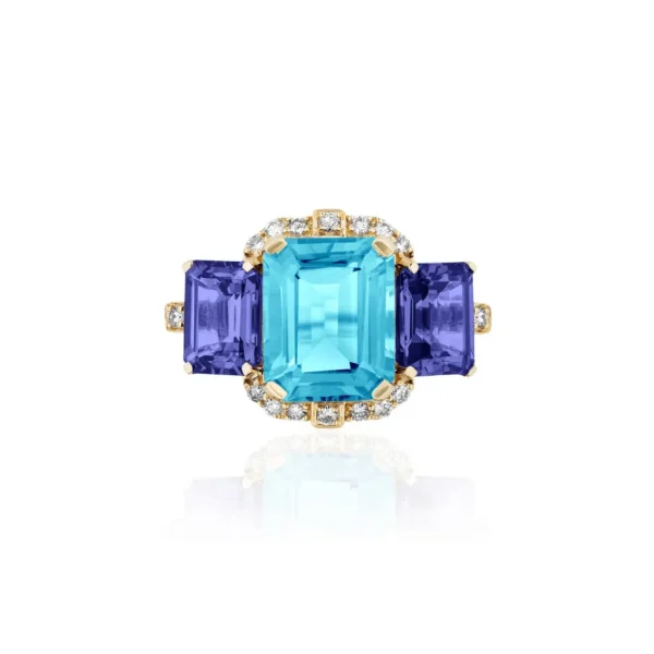 Goshwara 3 Stone Emerald Cut Blue Topaz & Tanzanite Ring