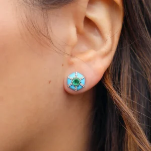 Goshwara Turquoise Enamel and Emerald Hexagon "Queen" Stud