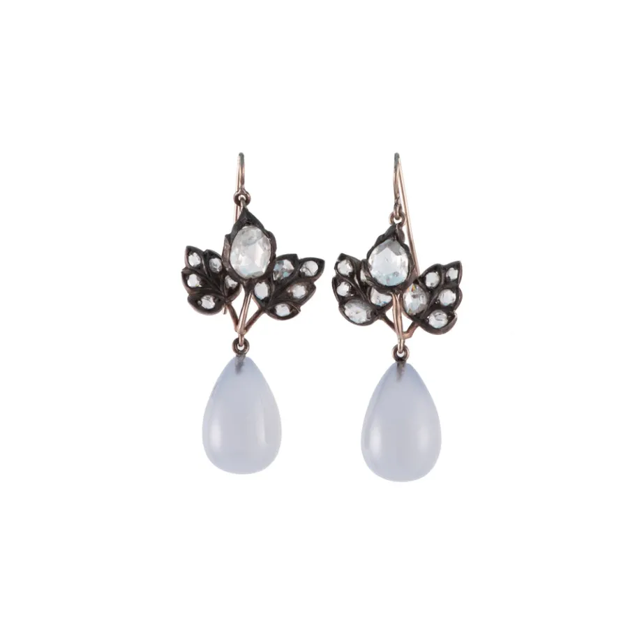 Sylva & Cie Vintage Georgian Earrings with Chalcedony & Diamonds