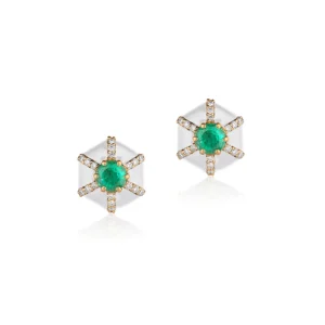 Goshwara White Enamel and Emerald Hexagon "Queen" Stud