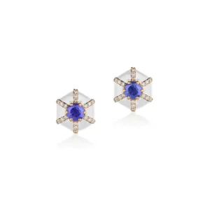Goshwara White Enamel and Tanzanite Hexagon "Queen" Studs