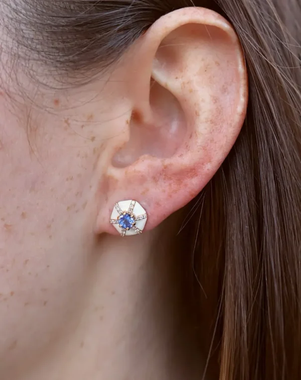 Goshwara White Enamel and Tanzanite Hexagon "Queen" Studs